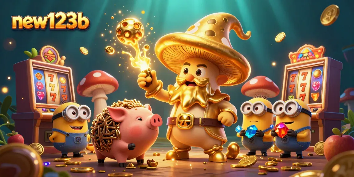 Experience dynamic gaming at new123b with an enchanting 3D illustration of a golden mushroom wizard and treasures.
