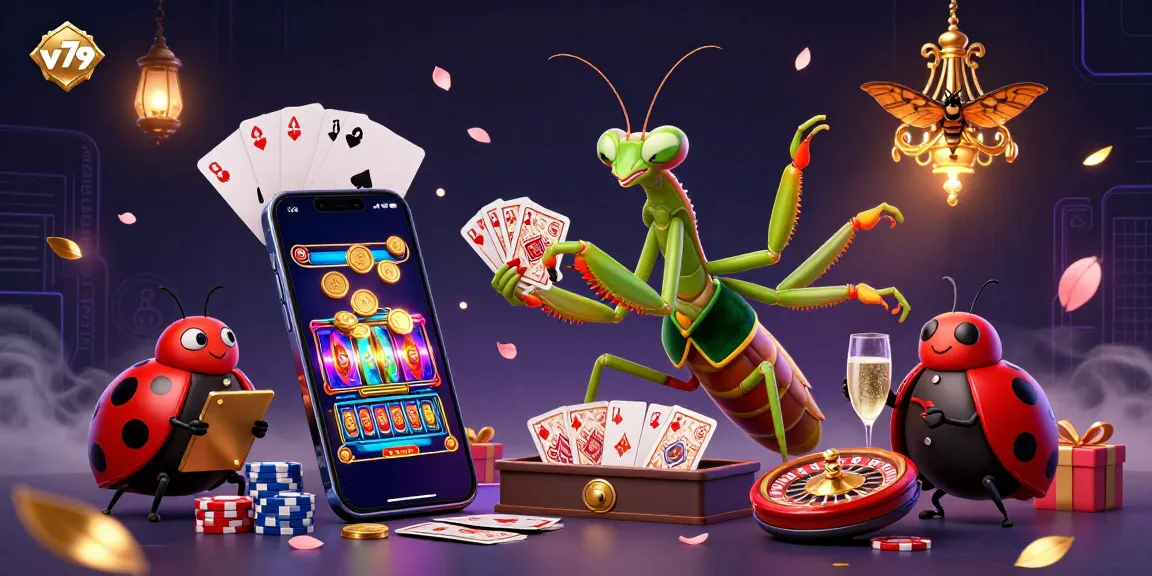 Experience thrilling gameplay with v79's dynamic casino scene featuring a mantis dealer and ladybug pit boss.