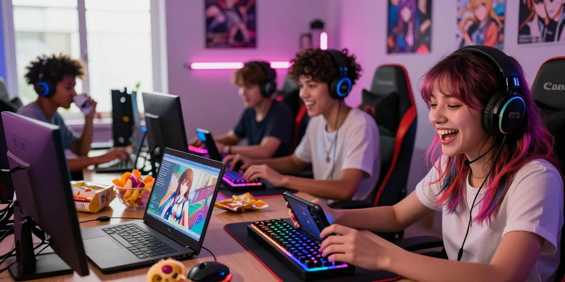 Engaged players enjoying various hentai games in a vibrant gaming room.
