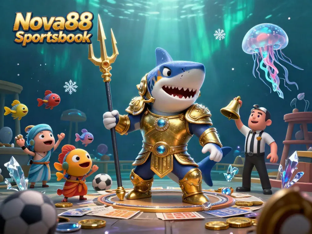 Experience thrilling bets with the Nova88 Sportsbook illustrated by a fierce tiger shark in gladiator armor.