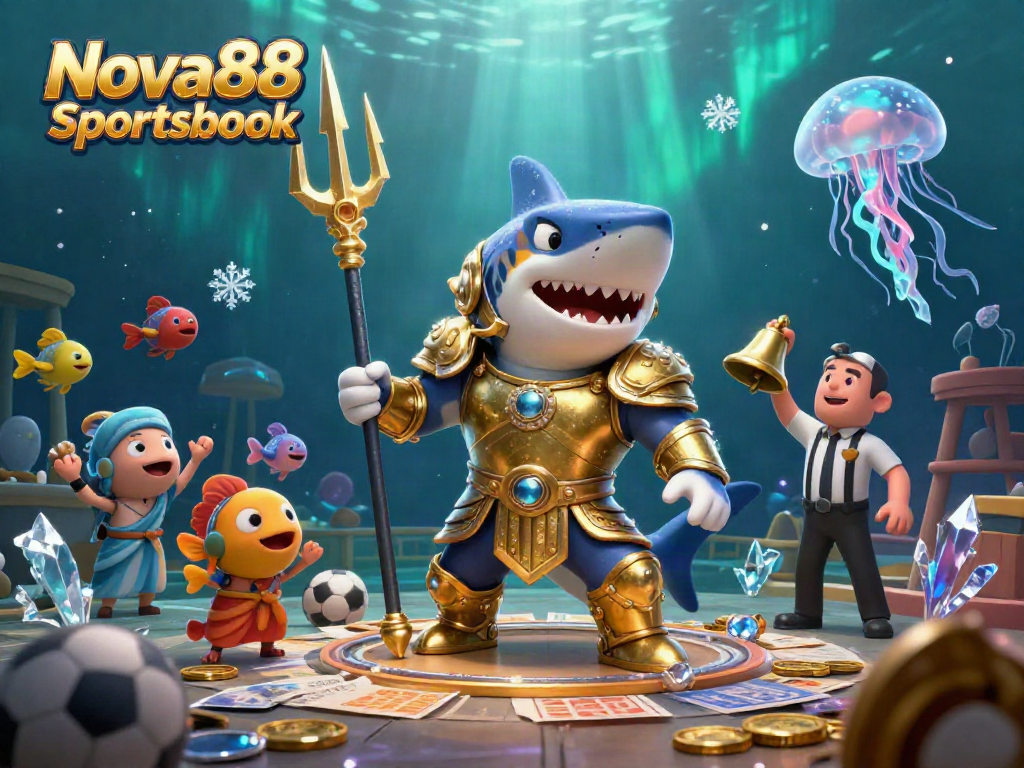 Experience thrilling bets with the Nova88 Sportsbook illustrated by a fierce tiger shark in gladiator armor.