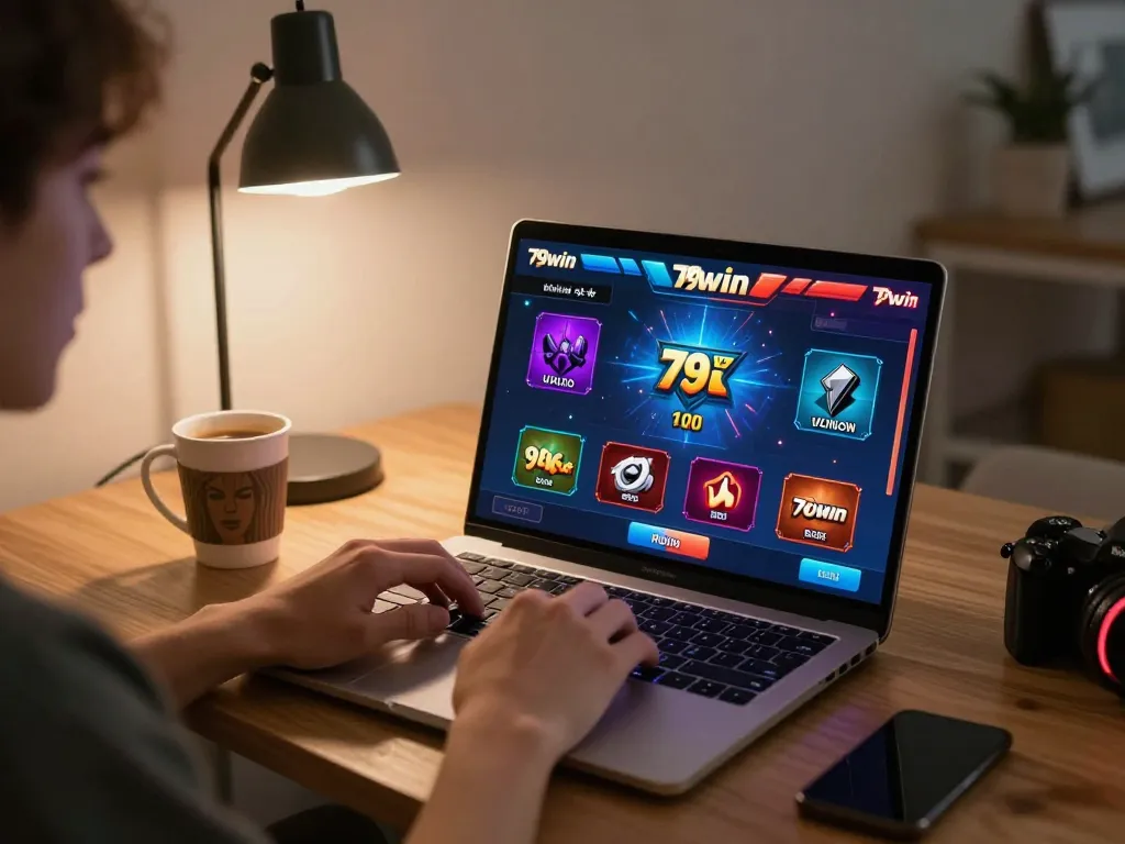 Engaging gameplay on 79win online casino, showcasing vibrant game interface and cozy home atmosphere