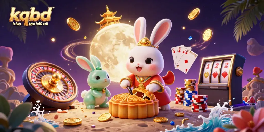 Engage in kqbd trực tiếp kèo nhà cái with a whimsical scene of moon rabbits amongst vibrant gambling icons.