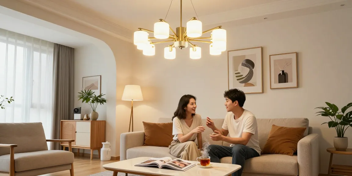 Candelabru living elegant în amenajarea unui living modern cu cuplu relaxat.