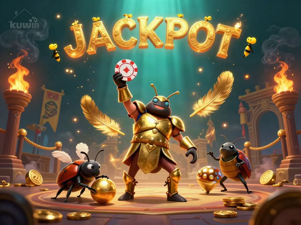 Experience a thrilling victory in kuwin, featuring a cartoon beetle champion amidst dynamic casino elements.