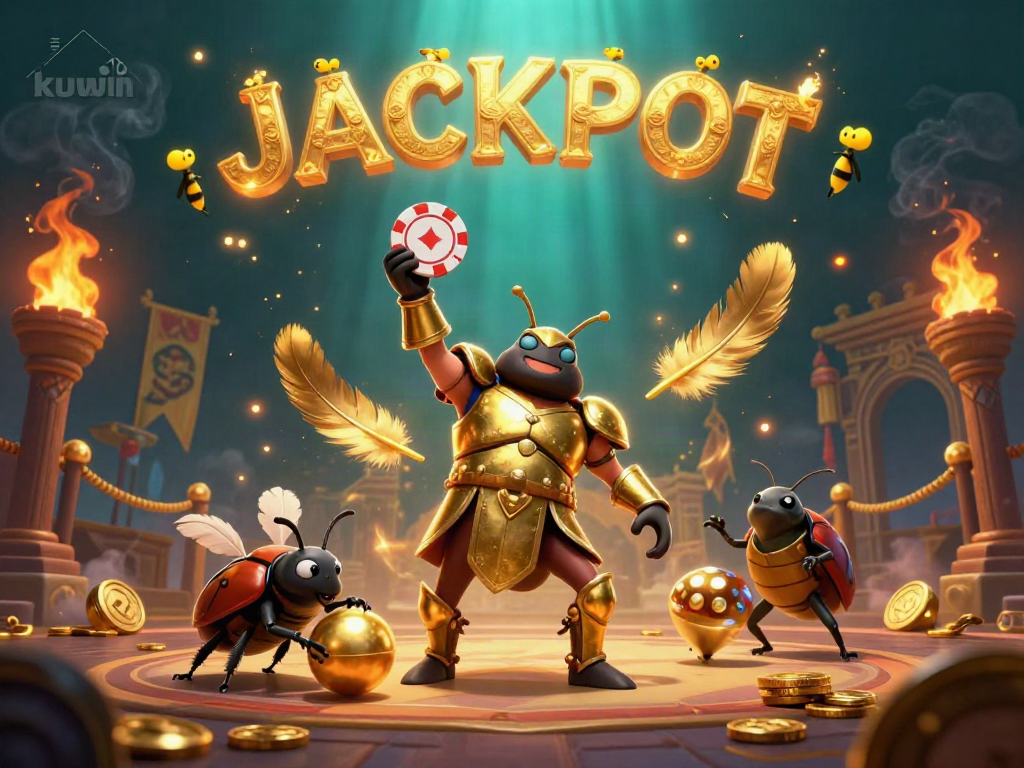 Experience a thrilling victory in kuwin, featuring a cartoon beetle champion amidst dynamic casino elements.