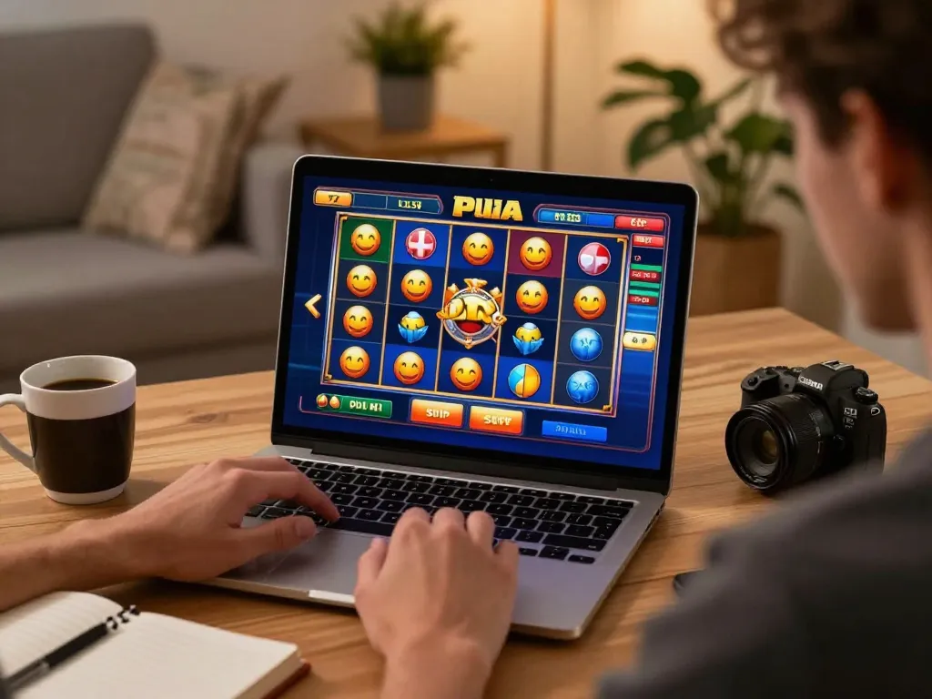 Engaged player spinning slot pulsa reels on a laptop in a cozy home setting.