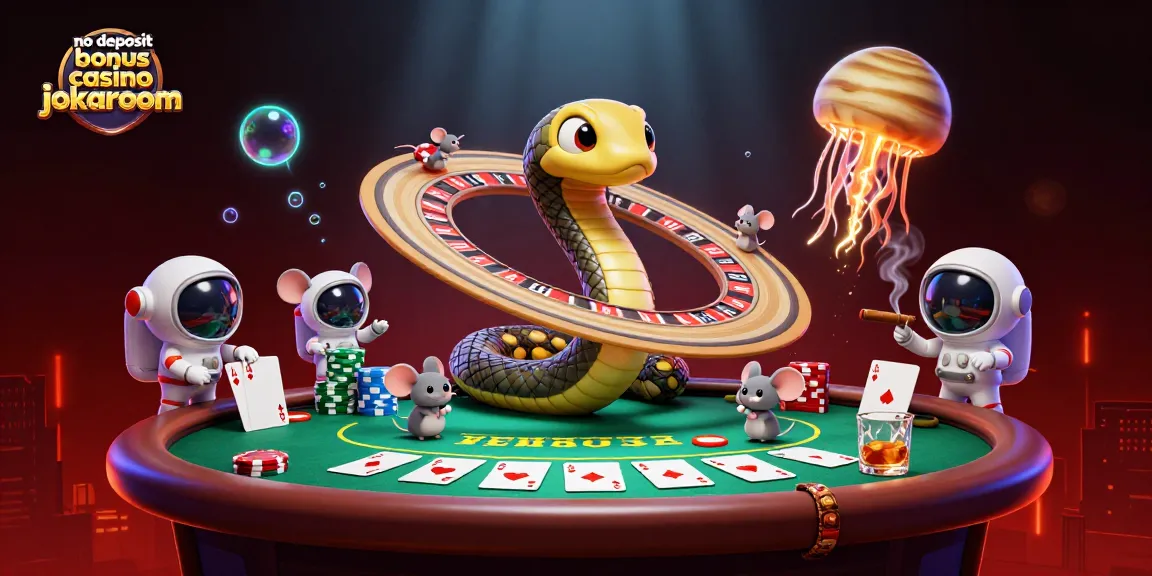 No deposit bonus casino jokaroom offers an exciting scene with astronaut mice betting on a cosmic roulette wheel.