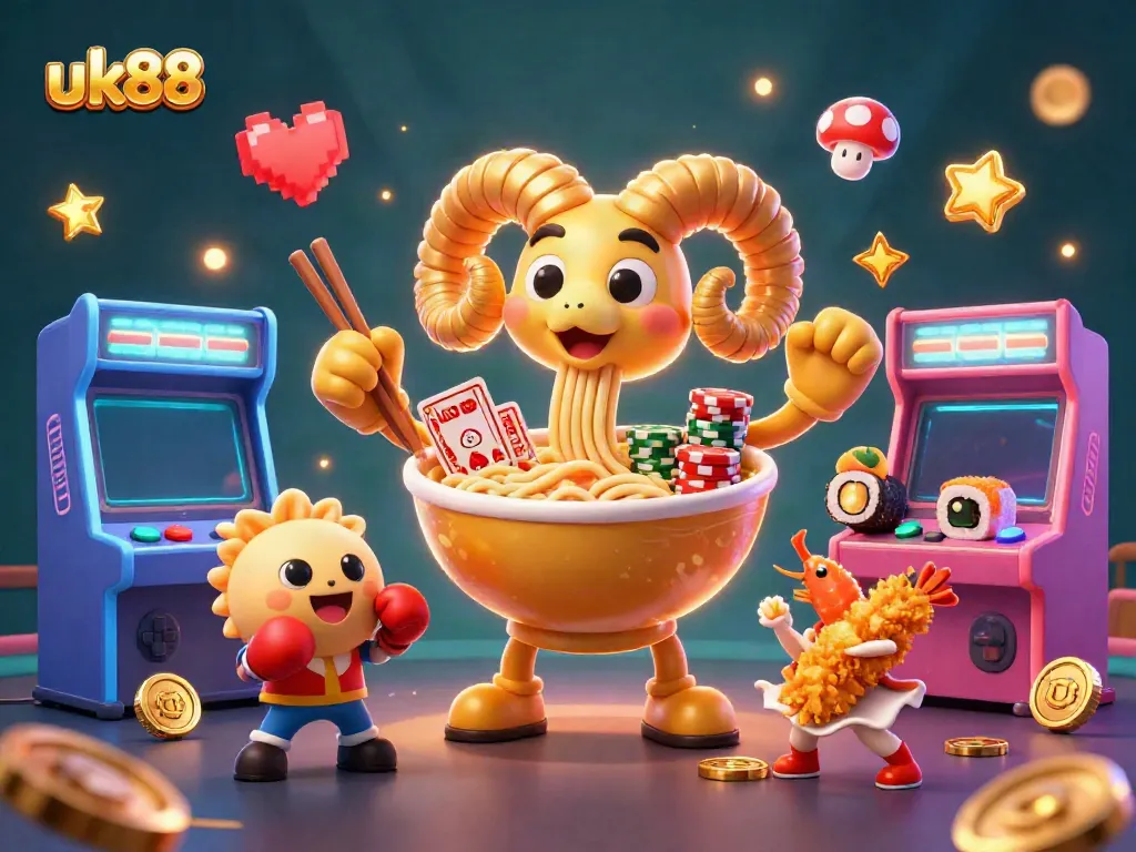 Engage in thrilling gameplay at uk88 as a giant ramen bowl deals cards amidst colorful arcade machines and friendly sushi dealers.