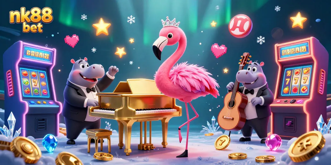 Win big at nk88 bet with vibrant casino scenes featuring a flamingo singer and hippo bassist.
