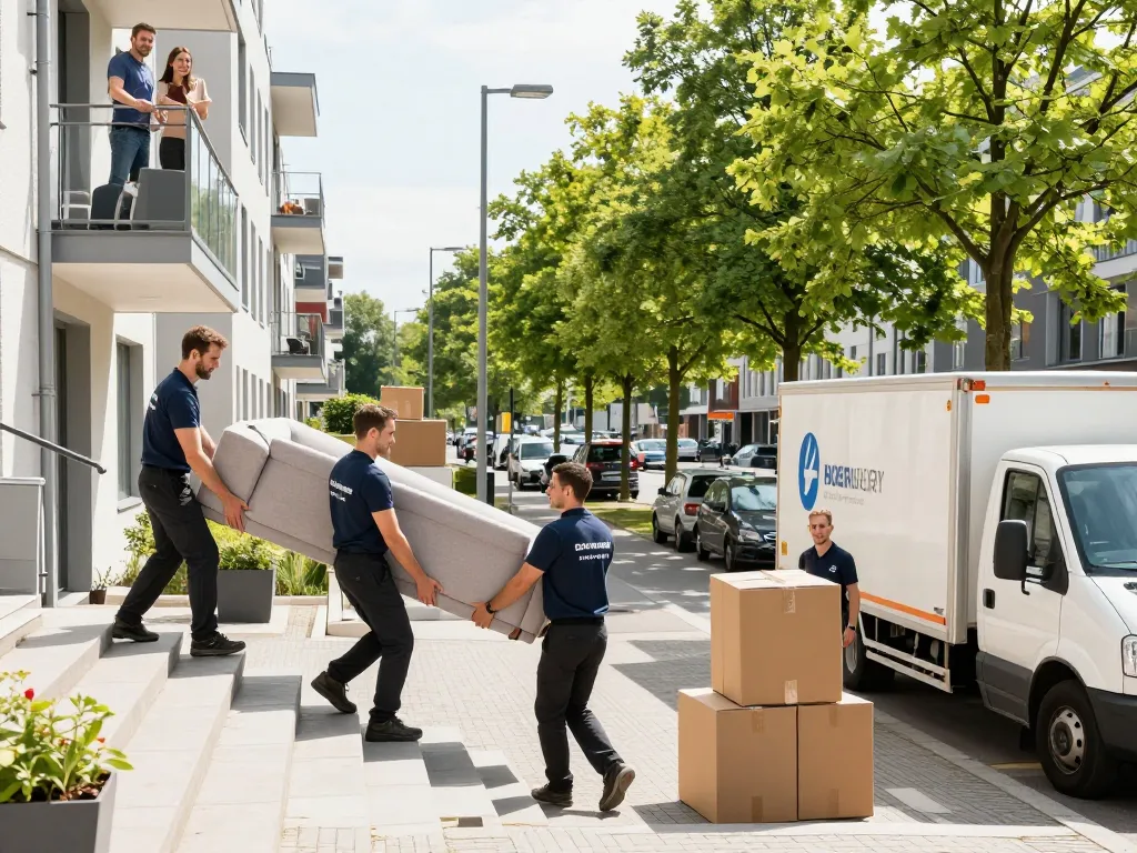 Umzugsunternehmen in Hannover, die Möbel effizient handhaben und die Dienstleistungen von umzugsunternehmen Hannover an einem sonnigen Tag präsentieren.