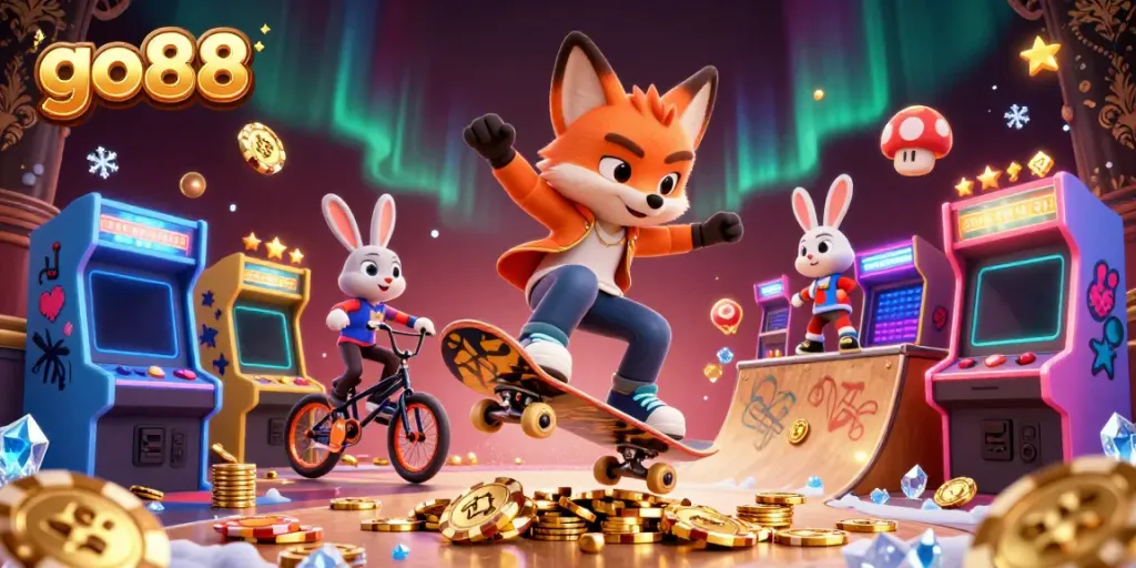 Experience excitement at go88 with a vibrant scene featuring a fox and rabbit in a casino-themed world.