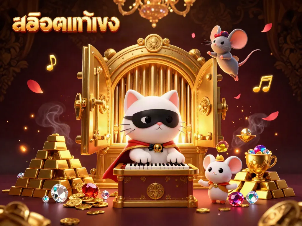 Immerse in the vibrant richness of online gaming with the illustrated scene of สล็อตแท้ตรง, featuring a phantom cat and treasure vault.