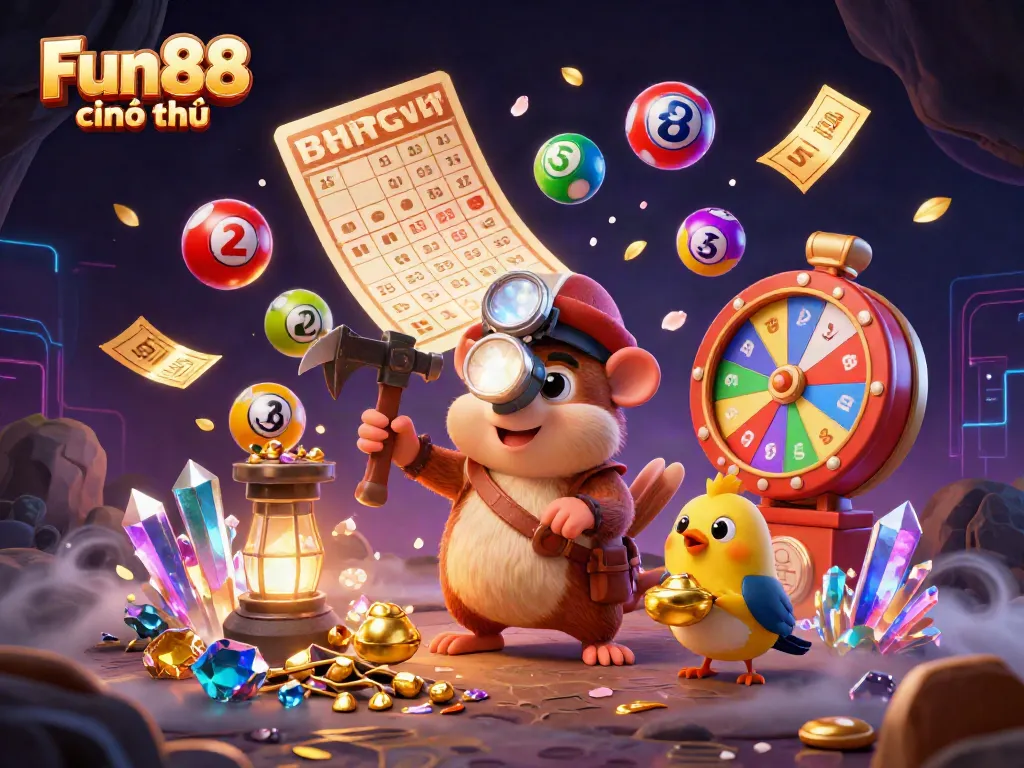 Experience the thrill of Fun88 chính thức with vibrant treasures, lottery balls, and casino excitement in this dynamic illustration.