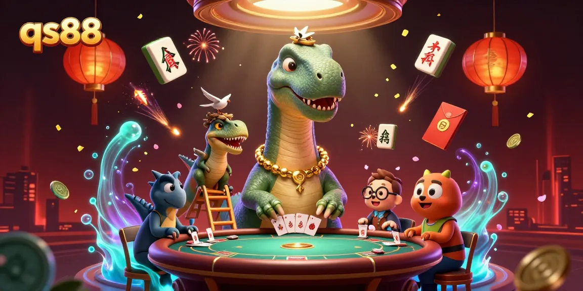 Exciting qs88 gaming scene with dinosaurs at a poker table amidst festive elements.
