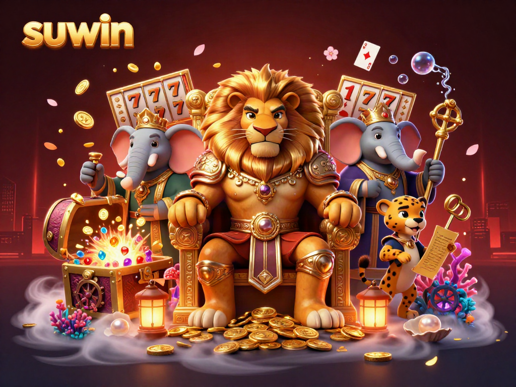 Experience suwin's thrilling slots in this vibrant casino-themed 3D illustration featuring a lion king.
