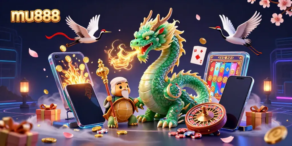 Experience epic gaming moments with mu888 featuring a jade dragon, lucky cranes, and vibrant casino elements.