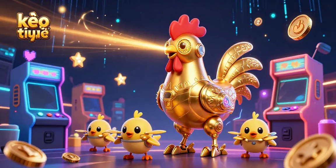 Engage with kèo trực tuyến through a vibrant 3D scene featuring a futuristic rooster robot and baby chick drones.