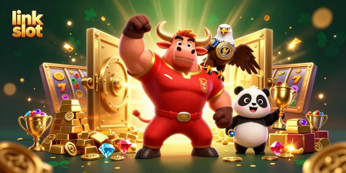 Memenangkan jackpot pada link slot dengan simbol beruntung dan karakter ceria yang mengelilinginya.