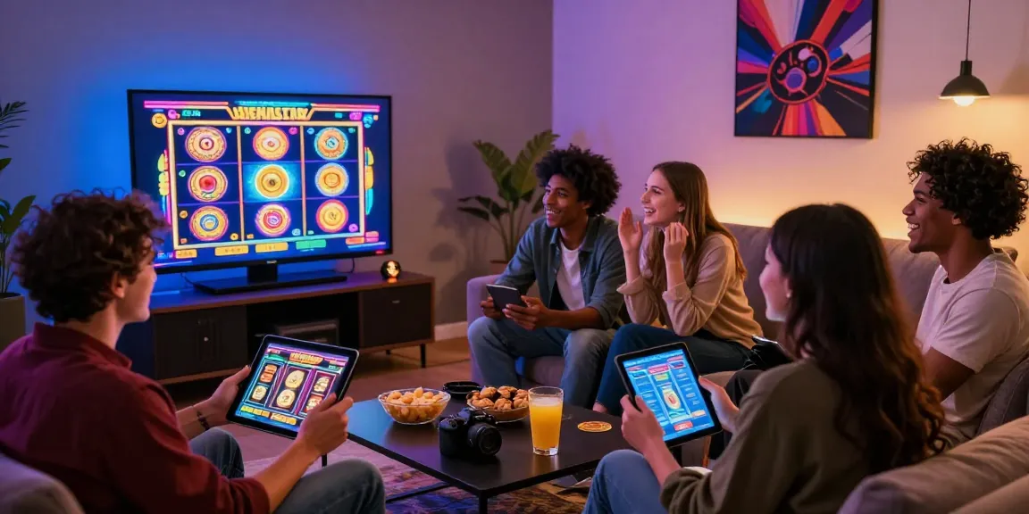 Amici che si godono una serata di gioco emozionante con casino online non AAMS su un grande schermo, atmosfera vibrante.