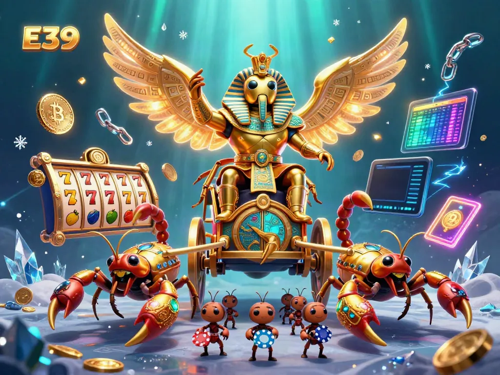 Engage with E39's vibrant gaming world featuring a glorious beetle chariot amidst slot reels and cryptocurrency elements.