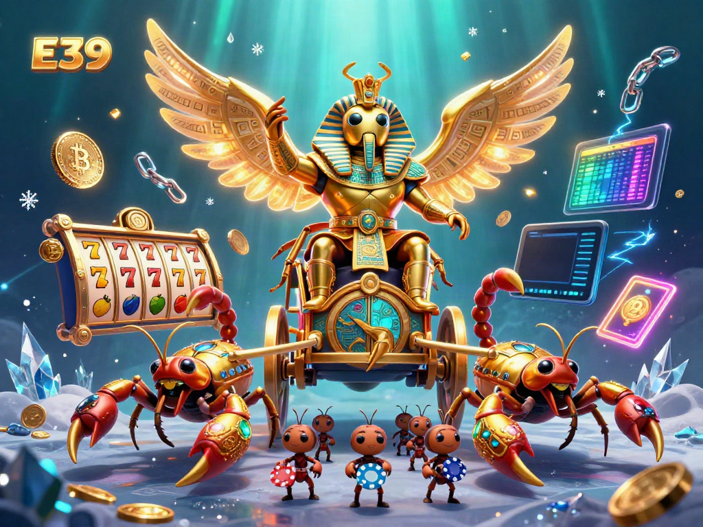 Engage with E39's vibrant gaming world featuring a glorious beetle chariot amidst slot reels and cryptocurrency elements.