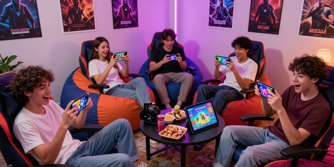 Excited gamers enjoying free mobile porn games on smartphones in a lively gaming room.