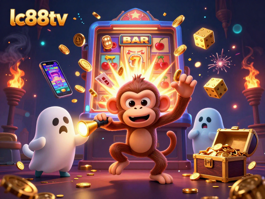 Experience the thrill of lc88tv with golden prizes and a playful ghost-hunter puppy in a vibrant casino scene.