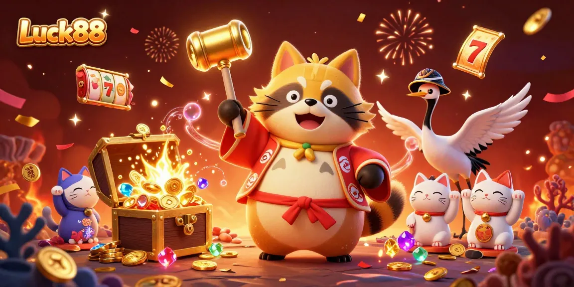 Experience the exciting Luck88 slot game with cheerful characters in a vibrant casino setting.