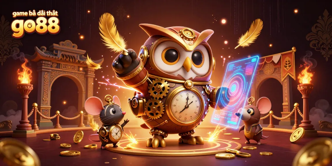 Engage in game bài đổi thưởng go88 with a dynamic scene of a time-traveler owl among casino elements.