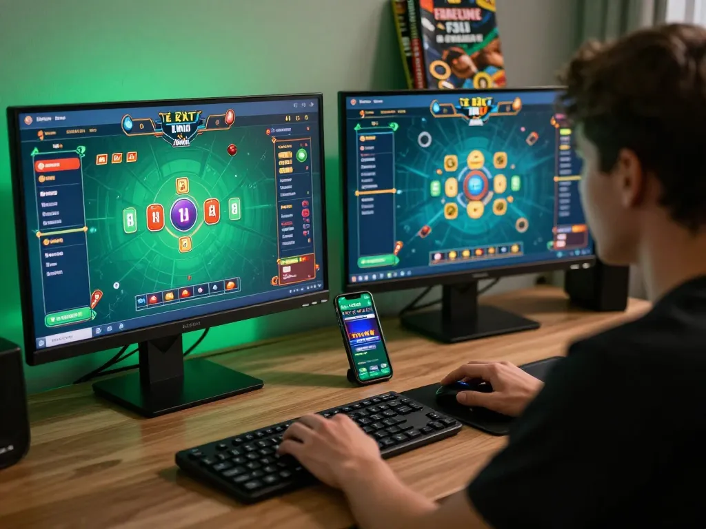 Engaging in a thrilling tài xỉu online game at home, showcasing an immersive gaming setup with multiple screens.