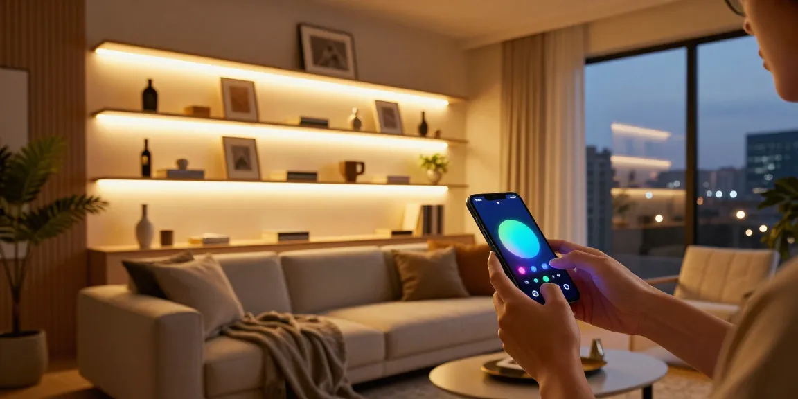 Aplica LED în decorul modern al livingului cu lumini ambientale calde.