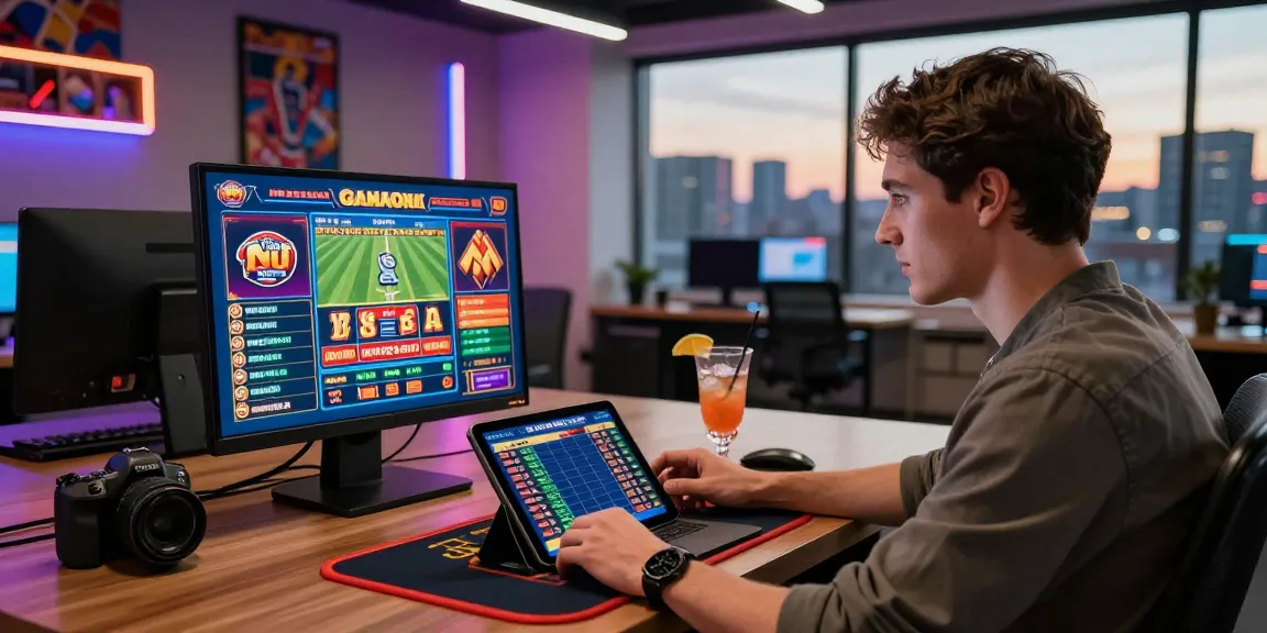 A young adult engaged in online betting at https://pinup-juegos-paraguay.com/ with casino game graphics in an energetic atmosphere.
