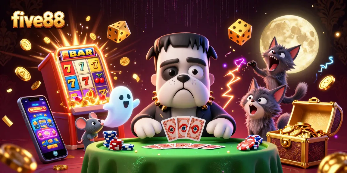 five88 casino scene with a Frankenstein bulldog dealing cards, jackpot excitement, and vibrant game elements