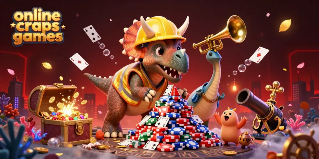Engage in online craps games as a vibrant scene with animated dinosaurs and casino elements unfolds.