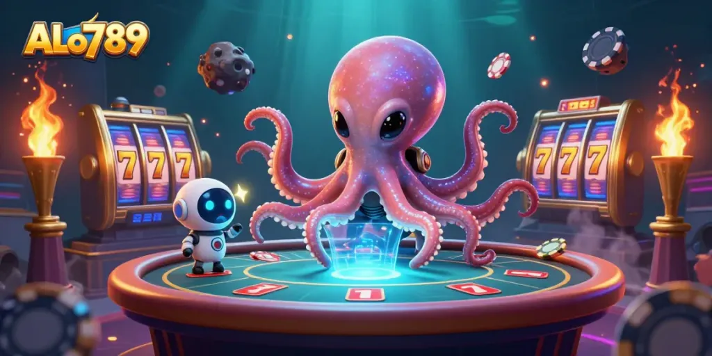 Engage in thrilling casino action at ALo789 with alien characters, poker tables, and vibrant slot reels.