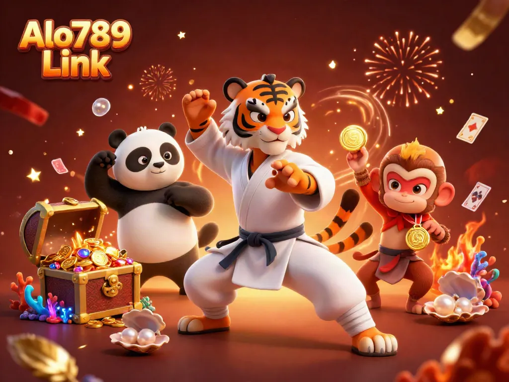 Experience the excitement of gambling with the Alo789 Link as a masterful tiger leads his panda disciple and a mischievous monkey through a lively casino scene.