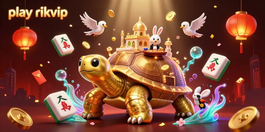 Experience the excitement of play rikvip with a vibrant 3D casino scene featuring a golden tortoise and bunny dealer.