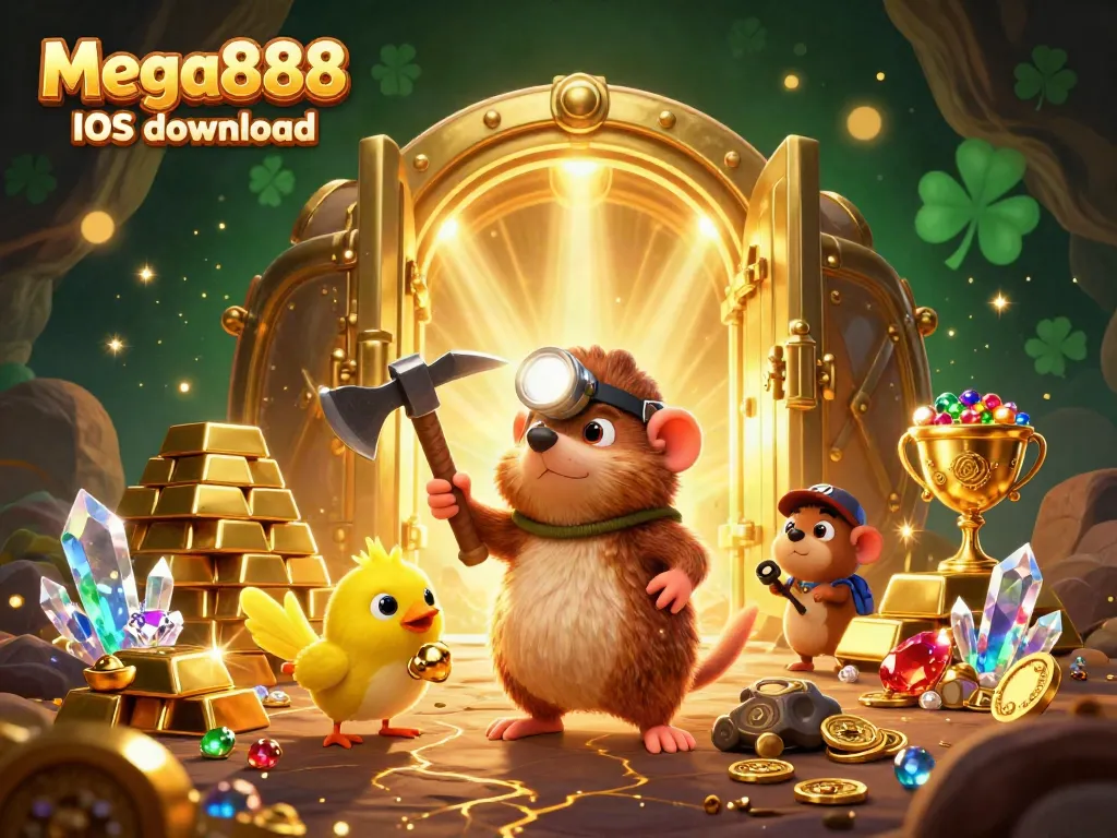 Experience the Mega888 iOS download with this immersive treasure hunting cartoon scene.