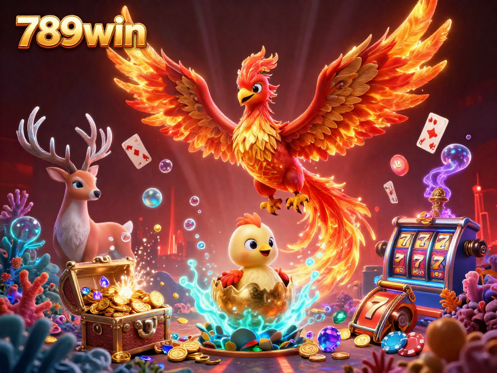 Experience thrilling gameplay with 789win's vibrant phoenix scene filled with treasures and casino elements.