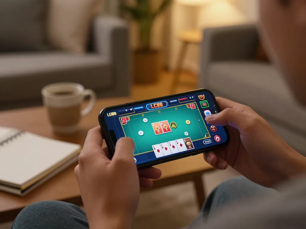 Engaged user playing LC88 casino app on smartphone in a cozy home setup