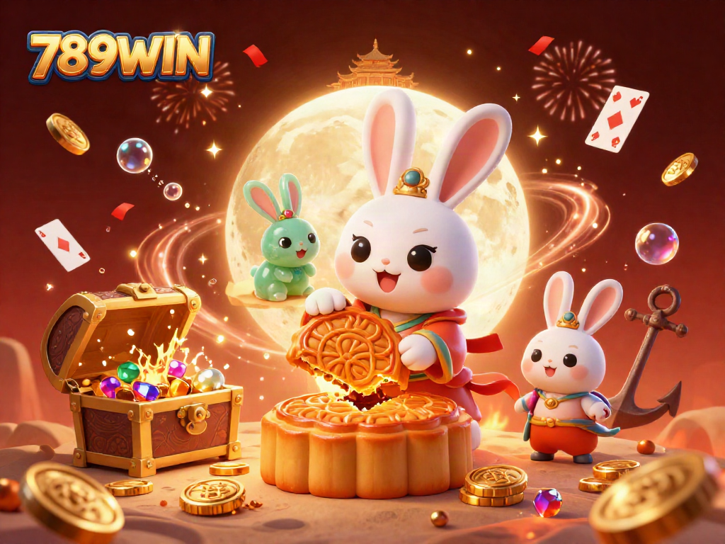 Play poker and win big at 789WIN, featuring a vibrant 3D illustration with moon rabbits and treasure.