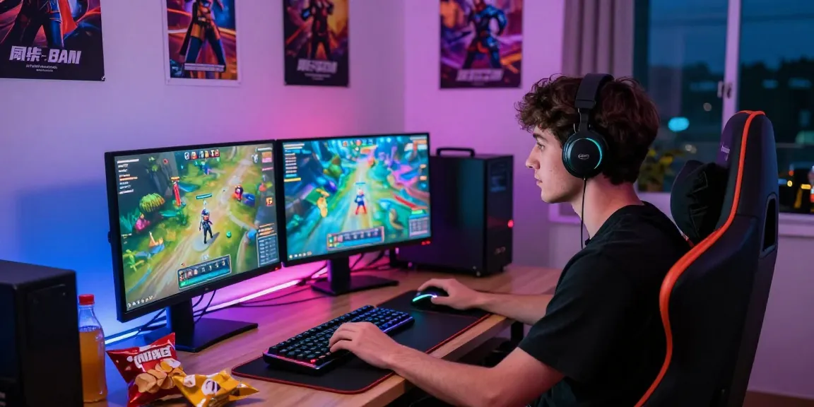 Pengaturan gaming online dengan BOS88 Link Alternatif, gamer fokus di depan monitor ganda.