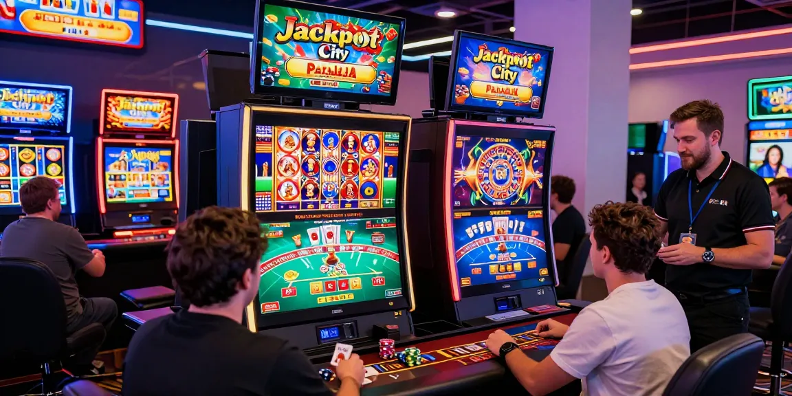 Exciting players engaging with Jackpot City Paraguay's online casino games amidst vibrant, neon-lit atmosphere.