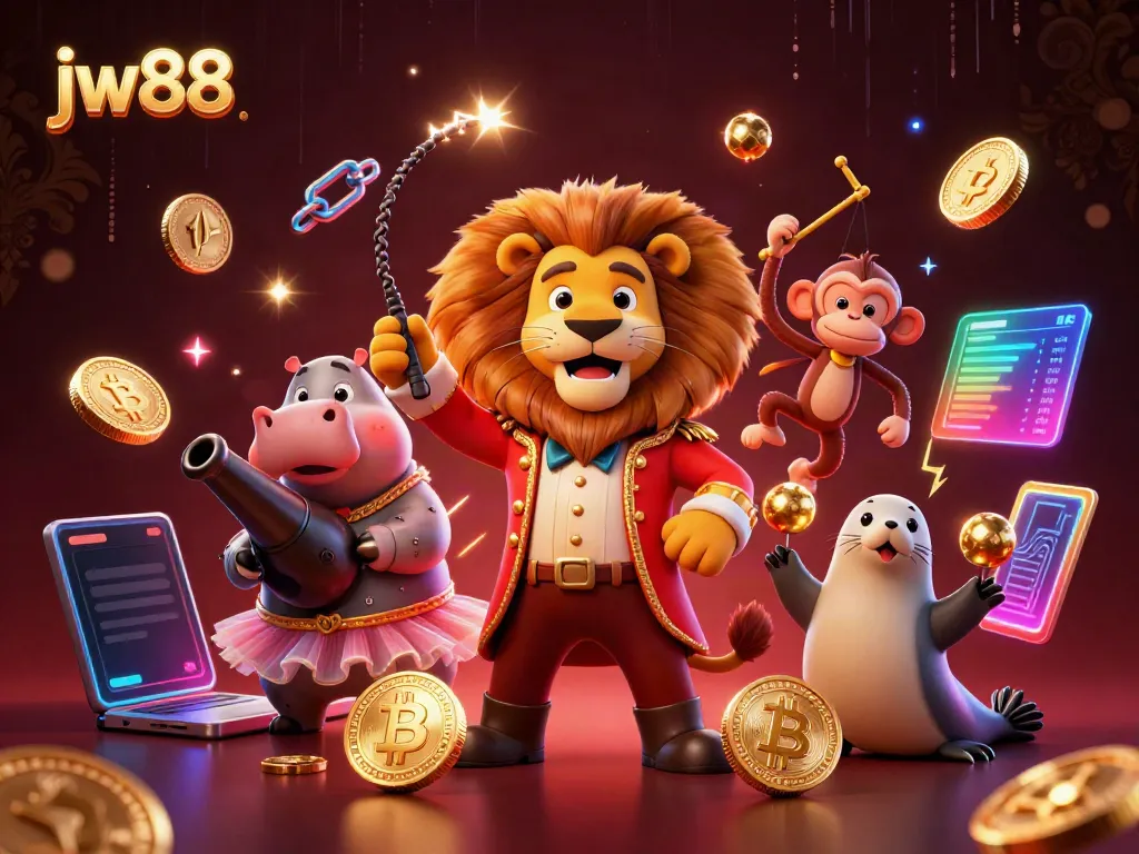 Engage with jw88's gaming excitement in a vibrant casino atmosphere featuring lively characters and glowing digital elements.
