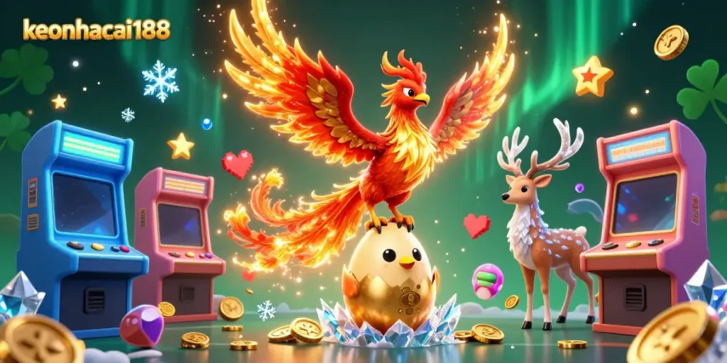Experience thrilling gameplay with keonhacai188, featuring a phoenix and gaming elements in a vibrant casino scene.