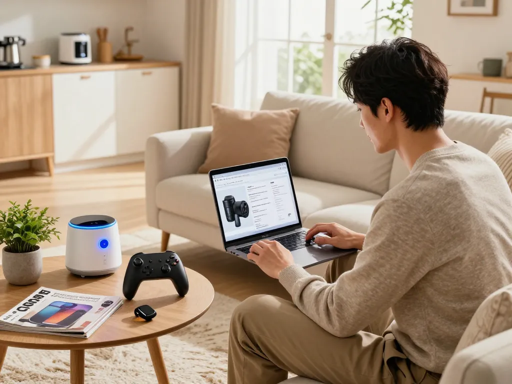 Exploring smart tech gadgets including Bluetooth gaming controllers and health devices in a cozy living room.