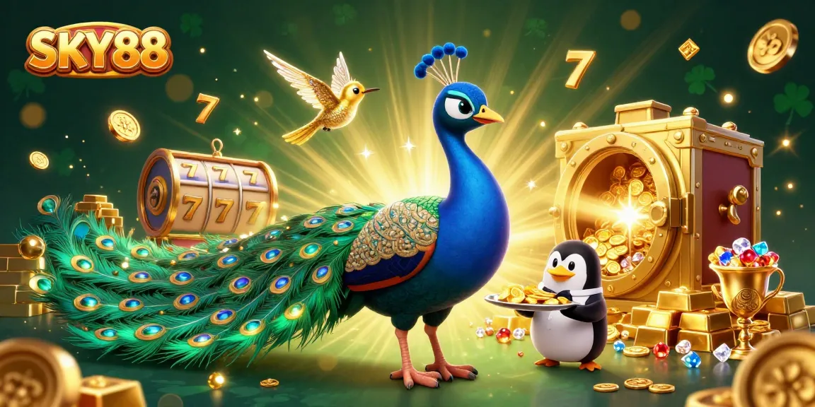 Experience SKY88's vibrant slot adventure with peacock, butler, and dazzling treasures!