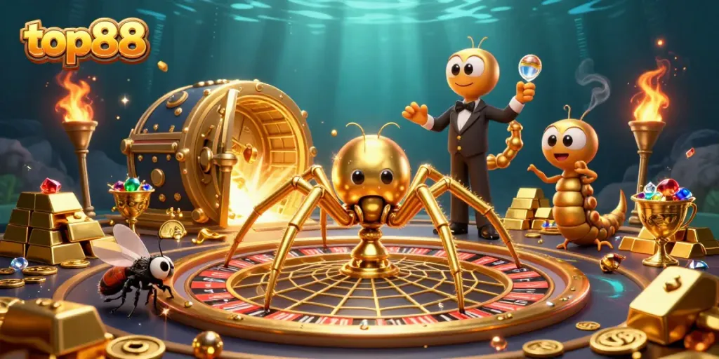 Engage in top88 action with a dynamic scene of a spider and croupier managing bets in a lavish casino.