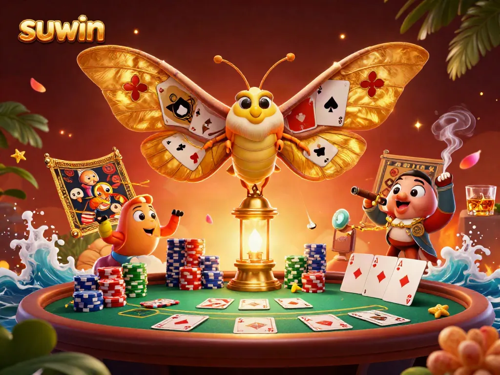 Join the excitement at suwin with a 3D casino scene featuring an atlas moth and vibrant gaming elements.